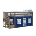 Gray wood twin loft bed with built-in staircase and storage drawers, navy blue playhouse curtain below, children’s space-saving bedroom furniture