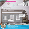 Children's low-profile loft bed with staircase and gray playhouse curtain, solid New Zealand pine frame, reversible staircase, fits standard mattresses