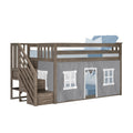Gray wood twin loft bed with staircase storage, blue bedding and under-bed gray playhouse tent with windows and doorway — space-saving kids bunk-style bed