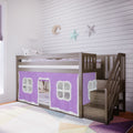 Wooden twin loft bed with staircase and purple play-tent curtain in a kids' bedroom with white shiplap wall, pastel geometric rug, and star-and-moon wall decor