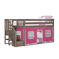 Twin loft bed with stairs and pink playhouse-style curtain, rustic gray wood finish, twin children's bunk bed with storage steps and safety rails