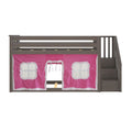 Gray wood twin loft bed with built-in stairs and pink play-tent curtain featuring two window panels and a doorway — kids' space-saving bedroom furniture