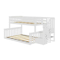 White wooden twin-over-full bunk bed with built-in staircase and storage drawers, slatted mattress bases, space-saving kids room furniture