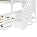 White wooden loft bunk bed with built-in staircase storage and slatted mattress supports, modern kids bedroom furniture