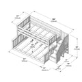 Isometric assembly diagram of a wooden twin-over-full bunk bed with stairs and under-stair storage, guardrails and slatted mattress supports, annotated dimensions 100″ (255cm) length, 81″ (205cm) width, 50″ (127cm) height