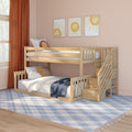 Wooden bunk bed with built-in staircase in cozy pink children's bedroom, sun-themed framed wall art, rust orange curtains, white and blue bedding and plaid rug