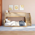 Natural wooden bunk bed with stairs in pink kids bedroom, sun wall art, cozy white bedding and blue plaid rug