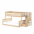 Light oak wooden loft bunk bed with staircase storage and guardrails, white mattresses — space‑saving kids' bedroom furniture