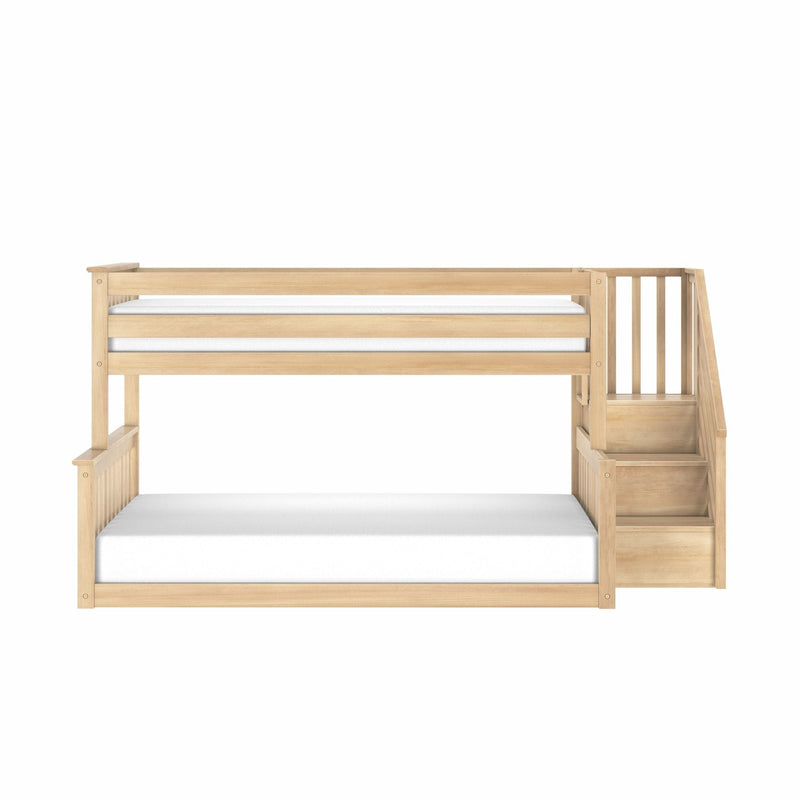 Wooden loft bunk bed with built-in staircase, natural oak finish and white mattresses — space-saving kids' bedroom bed