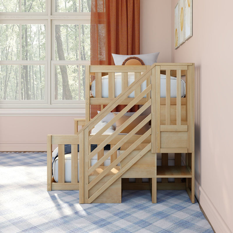 Wooden loft bunk bed with built-in stairs and storage in a modern children's bedroom with pink walls, orange curtains, large window and blue plaid carpet