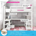 White solid pine loft bed with wrap-around desk and built-in bookshelves, ladder with non-slip grooved steps, 400 lb capacity, space-saving design for 8+ ft ceilings