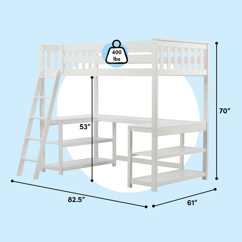 White wooden loft bed with ladder, built-in desk and shelving, dimensions 82.5 in x 61 in x 70 in, 400 lb weight capacity, modern kids' bedroom furniture