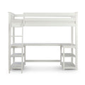 White wooden twin loft bed with ladder, built-in desk and open shelving for kids' bedroom