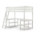 White wooden loft bed with ladder and integrated desk and shelving, space-saving twin high-sleeper for kids and teens