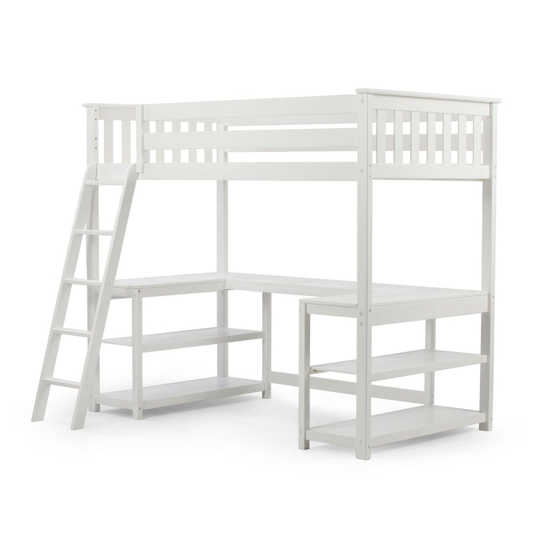 White wooden loft bed with ladder and integrated desk and shelving, space-saving twin high-sleeper for kids and teens