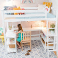 Kids loft bed with built-in desk and shelving in pastel bedroom — child drawing at study nook with pillows, toys, and area rug