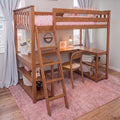 Modern wooden loft bed with built-in desk and ladder, pink bedding, shelves and study space in bright children's bedroom