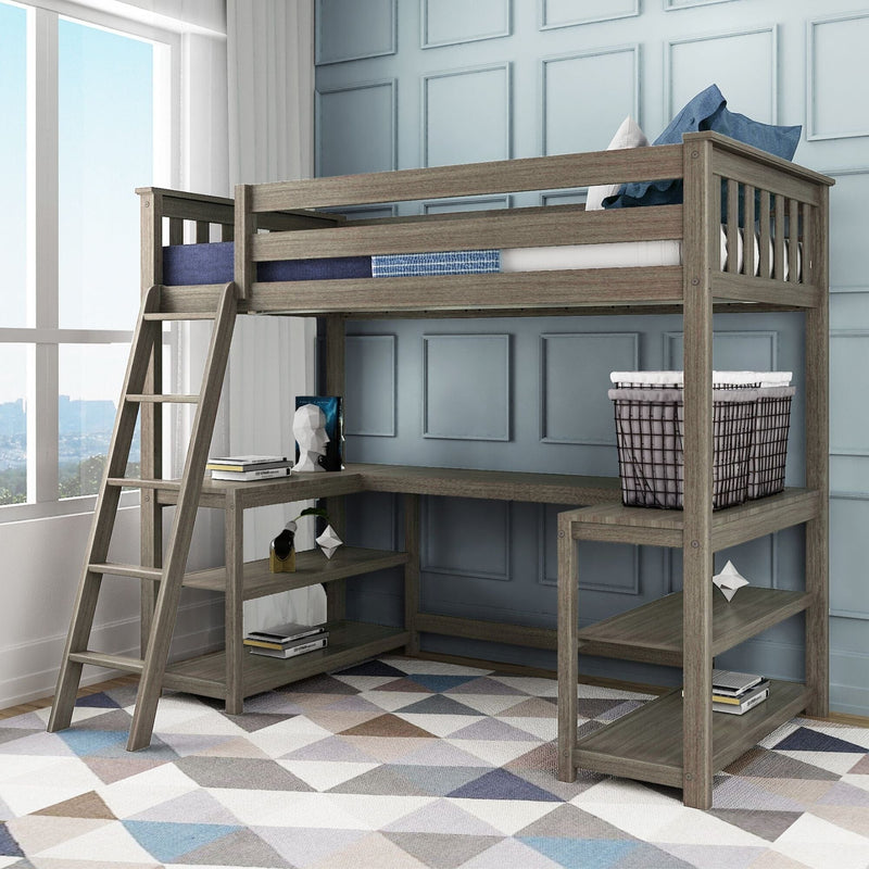 Gray-wash wooden loft bed with ladder, built-in desk, open shelving and wire storage basket, twin mattress with blue pillows in bright modern kids' bedroom