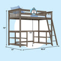 Weathered gray twin loft bed with ladder, guardrail, built-in shelves and desk space, 400 lb capacity, dimensions 82.5 in × 61 in × 70 in