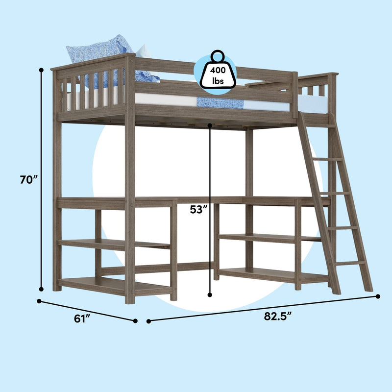 Weathered gray twin loft bed with ladder, guardrail, built-in shelves and desk space, 400 lb capacity, dimensions 82.5 in × 61 in × 70 in