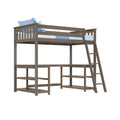 Gray wooden loft bed with built-in shelves and ladder, space-saving kids/teen bed styled with blue pillows