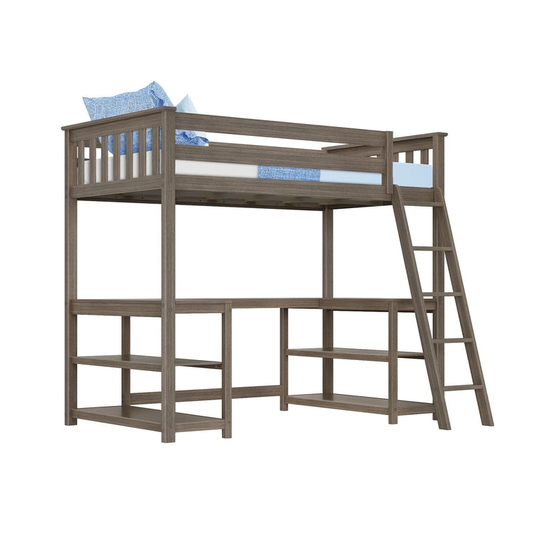 Gray wooden loft bed with built-in shelves and ladder, space-saving kids/teen bed styled with blue pillows