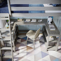 Light wood loft bed with integrated desk, shelving and chair in a modern kids study nook with geometric rug and blue bedding