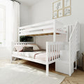 White loft bunk bed with staircase storage in bright modern kids' bedroom with pink bedding, animal wall art and natural light