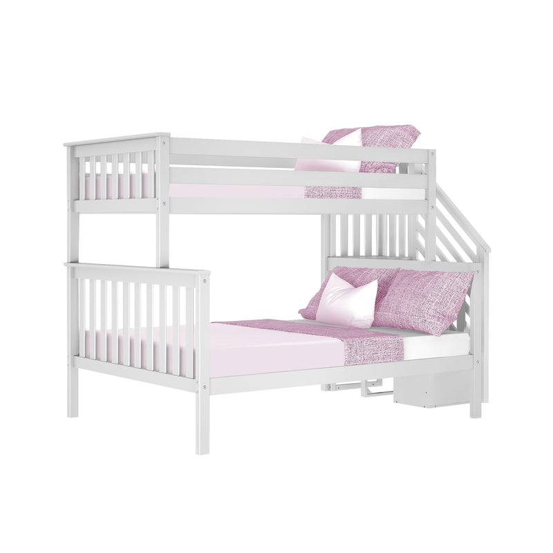 White wooden twin-over-full bunk bed with built-in staircase, safety guardrails and pink bedding for kids' bedroom