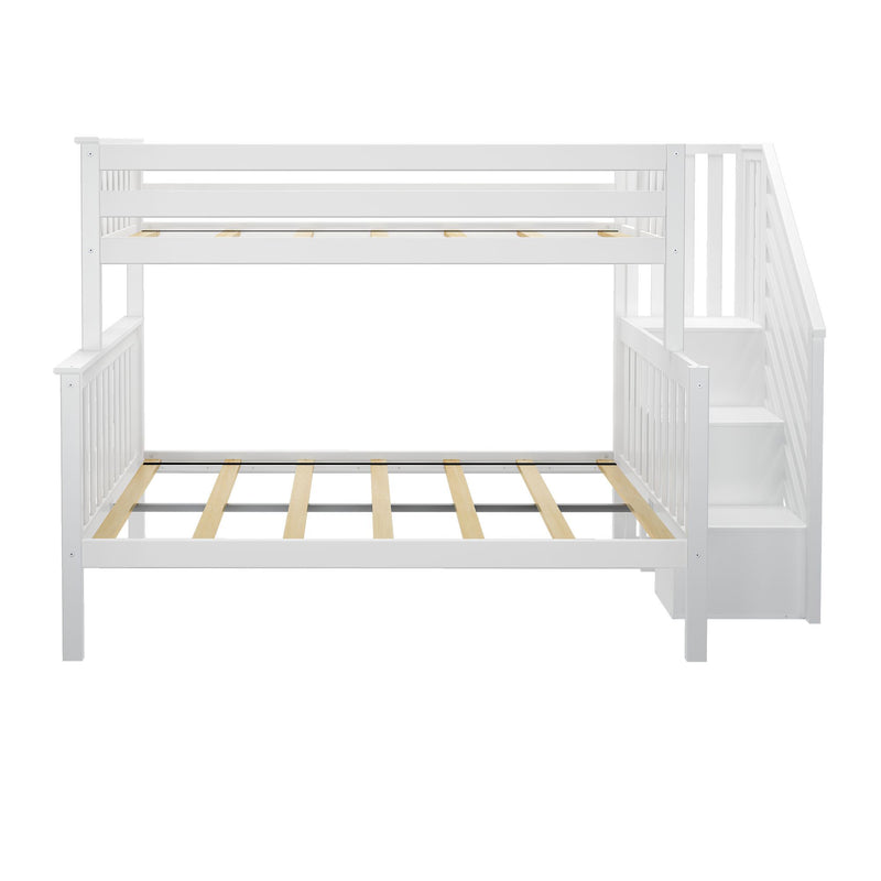 White loft bunk bed with built-in staircase and safety guardrails, wooden slatted mattress supports, modern kids bedroom bed frame product shot on white background