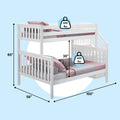 White wooden loft bunk bed with guardrails and built-in stairs, pink bedding, 400 lb weight capacity per bed, product dimensions 65″ H × 56″ W × 100″ L on a blue background