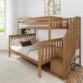 Wooden bunk bed with staircase storage and natural oak finish, pink bedding in a modern kids' bedroom with framed animal prints, plant and natural light