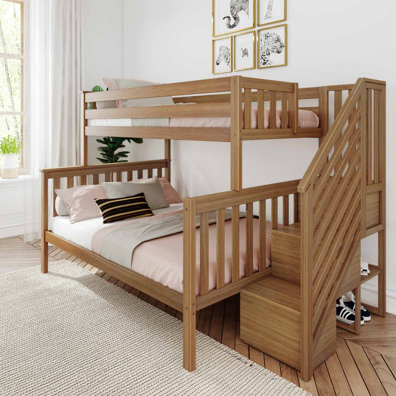Wooden bunk bed with staircase storage and natural oak finish, pink bedding in a modern kids' bedroom with framed animal prints, plant and natural light