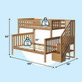 Full-over-full solid wood bunk bed with built-in staircase and under-stair storage, slatted platform and safety guardrails, 400 lb weight capacity per bed, 100" L x 56" W x 65" H