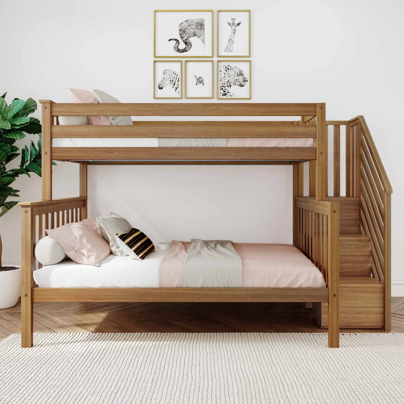 Wooden bunk bed with stairs in a modern kids' bedroom featuring pink and white bedding, striped accent pillow, framed animal wall art, potted plant and textured area rug
