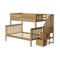 Solid wood loft bunk bed frame with built-in staircase and slatted guardrails in natural finish, space-saving kids' bunk bed