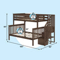 Dark brown wooden twin-over-full loft bunk bed with staircase and guardrails, slatted mattress support, 400 lb weight capacity per bunk, dimensions 100 in L × 56 in W × 65 in H