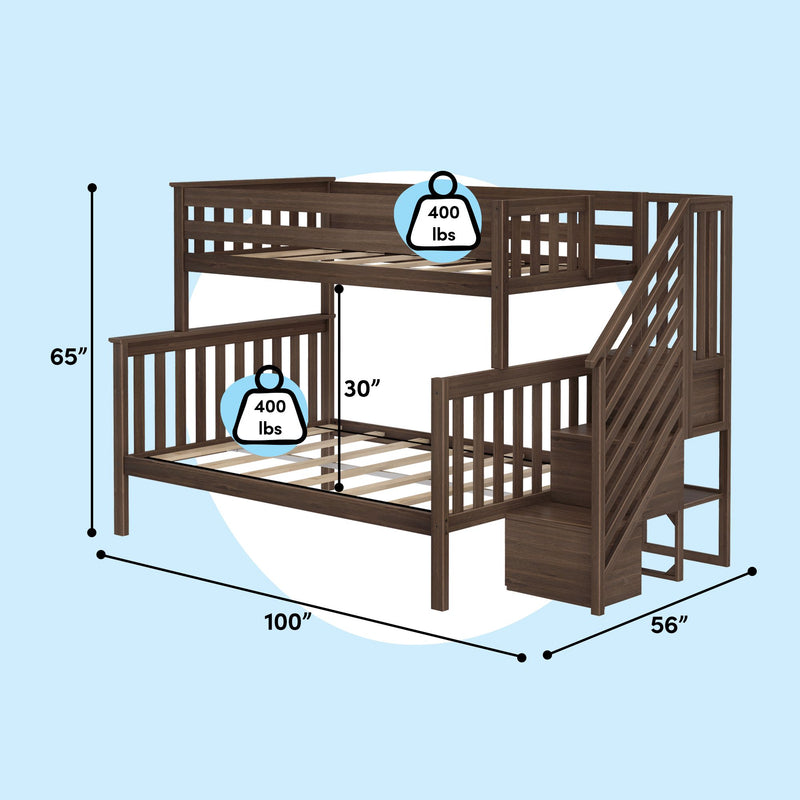 Dark brown wooden twin-over-full loft bunk bed with staircase and guardrails, slatted mattress support, 400 lb weight capacity per bunk, dimensions 100 in L × 56 in W × 65 in H