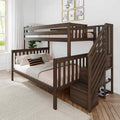 Dark walnut wooden bunk bed with staircase storage, pink bedding and pillows in a modern kids' bedroom with framed animal wall art, rug, potted plant and window