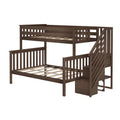 Dark walnut twin-over-full wooden bunk bed with built-in staircase and storage, slatted guardrails and platform slats, space-saving kids bedroom furniture