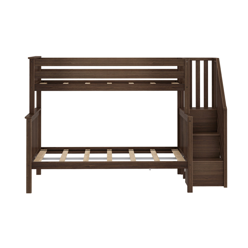 Dark brown solid wood kids bunk bed frame with built-in staircase storage, top guardrail and slatted mattress platform