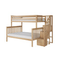 Twin-over-full natural oak bunk bed with built-in storage staircase, slatted guardrails and white mattresses — modern kids bedroom furniture