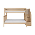 Natural oak wooden loft bed with integrated staircase and safety rails, slatted frame and white mattress — space-saving bedroom furniture