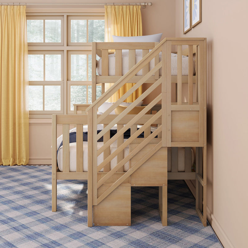 Light wood bunk bed with stairs in a modern kids' bedroom, yellow curtains, large windows and natural light illuminating neutral walls