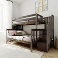 Sunlit modern wooden bunk bed with built-in stairs in a neutral kids' bedroom featuring soft bedding, a houseplant and framed animal prints
