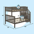 Weathered gray wooden twin-over-full bunk bed with stair steps and guardrails, slatted mattress support, 400 lb weight capacity per bed, 100" L x 56" W footprint and 65" H