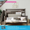 Dark brown solid New Zealand pine staircase bunk bed, twin-over-full design with slatted rails, built-in staircase and storage, cozy kids’ bedroom setup