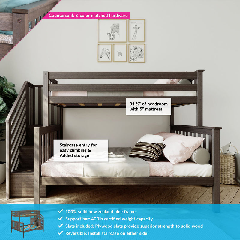 Dark brown solid New Zealand pine staircase bunk bed, twin-over-full design with slatted rails, built-in staircase and storage, cozy kids’ bedroom setup