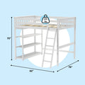 White wooden loft bed with ladder and built-in shelving, modern kids loft bed with 400 lb weight capacity, 70 in H × 82 in L × 76 in W