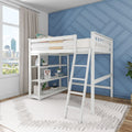 White loft bunk bed with ladder and built-in shelves in modern kids' bedroom featuring a blue geometric accent wall and city skyline window
